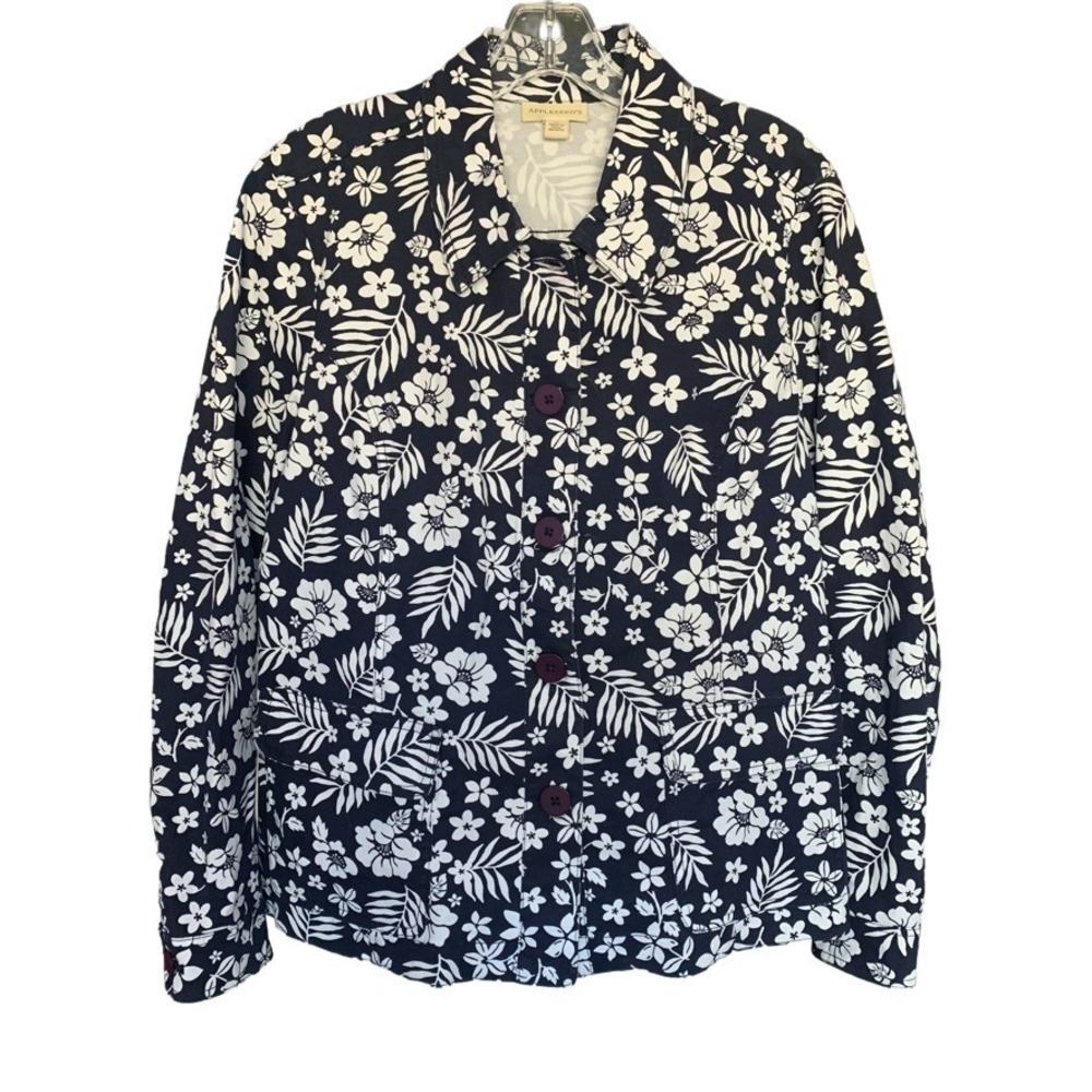 Appleseed's Floral Jacket Women Large Navy White Tropical Cotton Twill Excellent